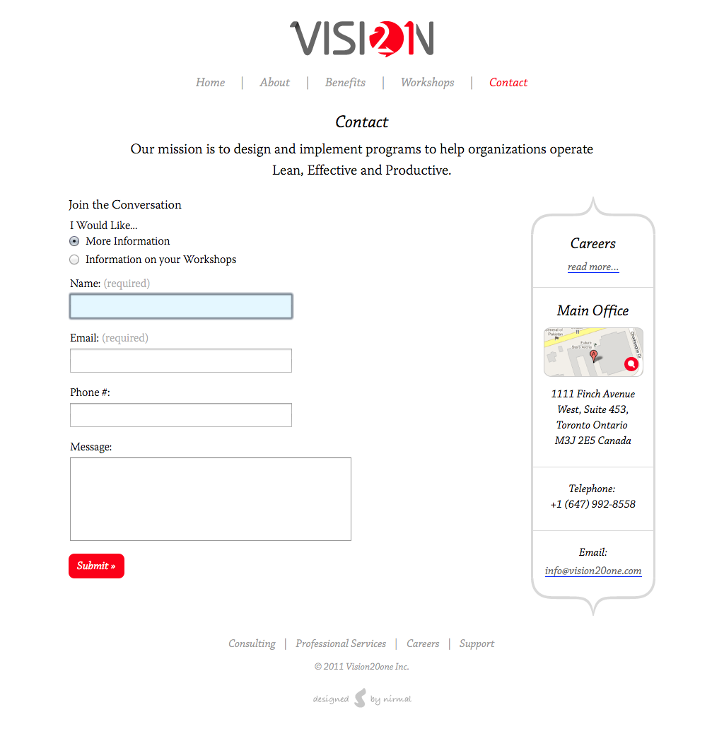 Vision 20 one contact page
